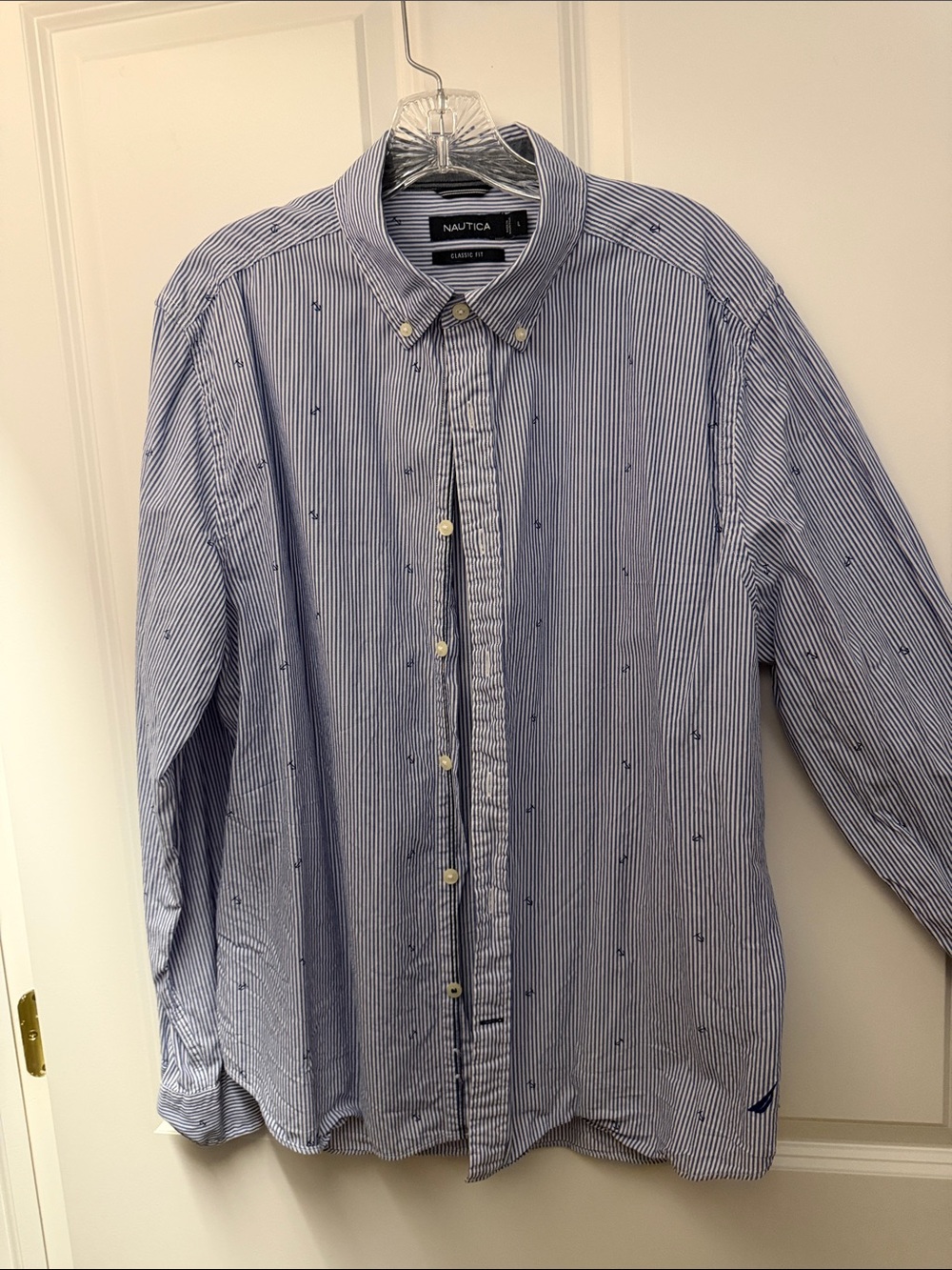 Nautica Men’s Light Blue and White Pinstripe Button-Down Shirt with Anchor Motif